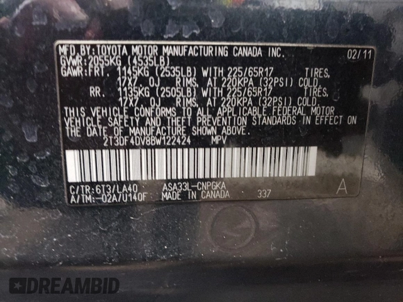 2011 Toyota RAV4 Ltd with VIN 2T3DF4DV8BW122424, listed as a Copart auction lot 52008535 with 170,309 mi miles and Salvage Title. Bid and sale history available at carsss.com. Image 13.