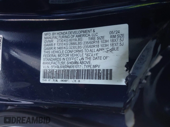 2024 Honda Odyssey EX-L with VIN 5FNRL6H60RB061017, listed as a IAAI auction lot 41399491 with 6,921 mi miles and . Bid and sale history available at DreamBid. Image 9.