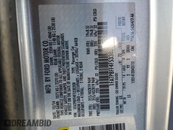 2015 Ford Mustang GT Premium with VIN 1FATP8FF4F5330308, listed as a Copart auction lot 52391415 with 75,225 mi miles and Salvage Title. Bid and sale history available at DreamBid. Image 12.
