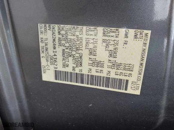 2017 Nissan Murano SL with VIN 5N1AZ2MG4HN143623, listed as a IAAI auction lot 41410362 with 120,035 mi miles. Bid and sale history available at carsss.com. Image 9.