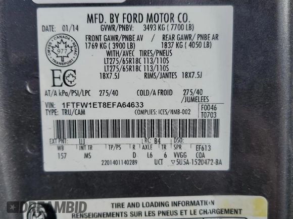 2014 Ford F-150 XL with VIN 1FTFW1ET8EFA64633, listed as a Copart auction lot 53923525 with 181,676 mi miles and Clean Title. Bid and sale history available at carsss.com. Image 12.