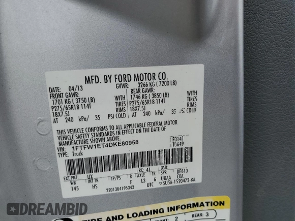 2013 Ford F-150 XL with VIN 1FTFW1ET4DKE80958, listed as a Copart auction lot 55537585 with 232,290 mi miles and Clean Title. Bid and sale history available at DreamBid. Image 12.