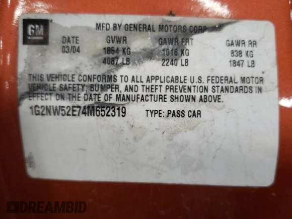 2004 Pontiac Grand Am GT z VIN 1G2NW52E74M652319, wystawiony jako Copart lot #44958195 z przebiegiem 197 272 mil mil oraz Szkoda całkowita • Salvage title. Historia ofert i sprzedaży dostępna na DreamBid. Obrazek 12.