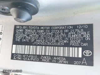 2011 Toyota Prius I with VIN JTDKN3DU3B0260839, listed as a IAAI auction lot 41998615 with 223,435 mi miles. Bid and sale history available at carsss.com. Image 9.