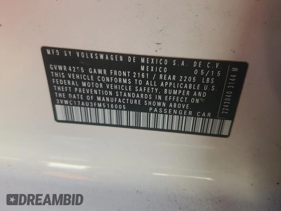 2015 Volkswagen Golf TSI S с VIN 3VWC17AU3FM516005, выставлен на аукционе Copart как лот 52864365 с пробегом 157 919 миль миль и Списание • Salvage title. История ставок и продаж доступна на DreamBid. Изображение 13.