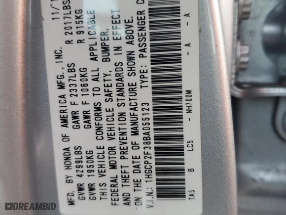 2011 Honda Accord Sdn LX with VIN 1HGCP2F38BA055123, listed as a Copart auction lot 50604085 with 189,916 mi miles and Salvage Title. Bid and sale history available at carsss.com. Image 12.