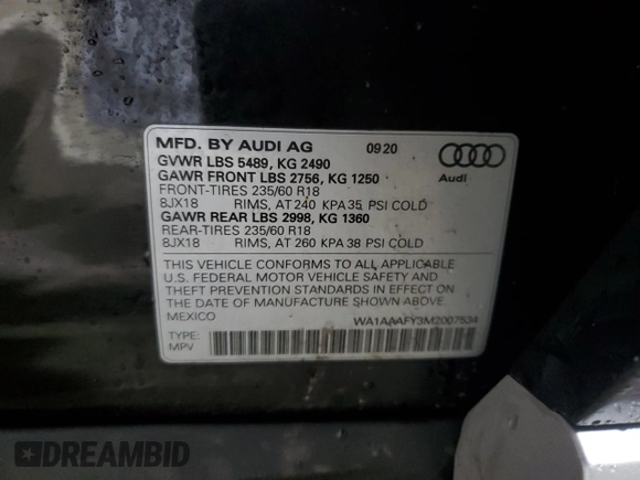 2021 Audi Q5 Premium z VIN WA1AAAFY3M2007534, wystawiony jako Copart lot #51827725 z przebiegiem 38 692 mil mil oraz Szkoda całkowita • Salvage title. Historia ofert i sprzedaży dostępna na DreamBid. Obrazek 14.