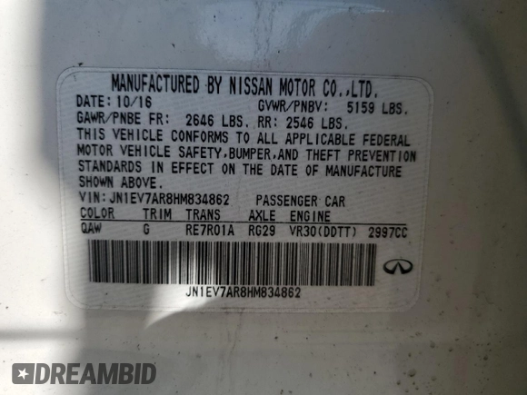 2017 Infiniti Q50 Premium с VIN JN1EV7AR8HM834862, выставлен на аукционе Copart как лот 62843284 с пробегом 65 169 миль миль и На запчасти • Non repairable. История ставок и продаж доступна на DreamBid. Изображение 12.