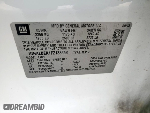 2015 Chevrolet Equinox LT with VIN 1GNALBEK1FZ138658, listed as a Copart auction lot 50341905 with 158,932 mi miles and Salvage Title. Bid and sale history available at carsss.com. Image 13.