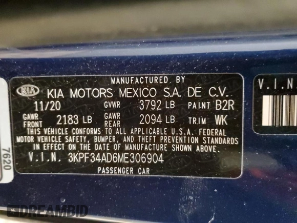 2021 Kia Forte GT-Line with VIN 3KPF34AD6ME306904, listed as a Copart auction lot 45990485 with 91,200 mi miles and Salvage Title. Bid and sale history available at carsss.com. Image 13.