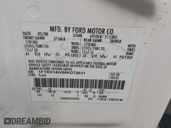 2008 Ford F-150 STX with VIN 1FTRX14W88KD72631, listed as a Copart auction lot 47970115 with 193,795 mi miles and Clean title. Bid and sale history available at DreamBid. Image 12.