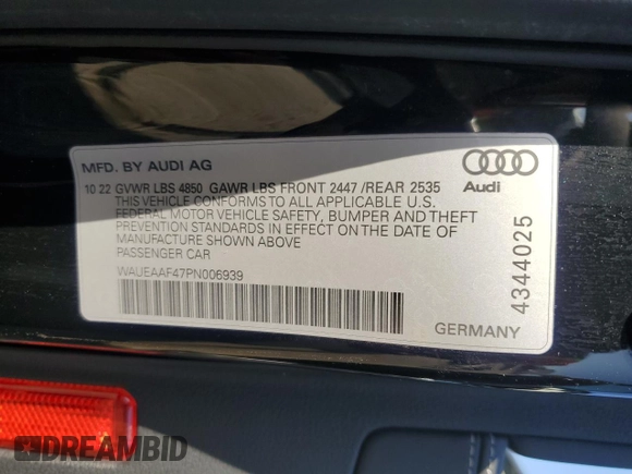 2023 Audi A4 S line Premium Plus with VIN WAUEAAF47PN006939, listed as a Copart auction lot 53004125 with Not Provided miles and Non Repairable. Bid and sale history available at DreamBid. Image 13.