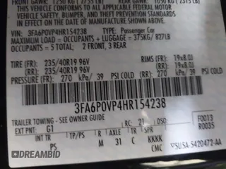 2017 Ford Fusion Sport with VIN 3FA6P0VP4HR154238, listed as a IAAI auction lot 41609483 with 94,508 mi miles. Bid and sale history available at carsss.com. Image 9.