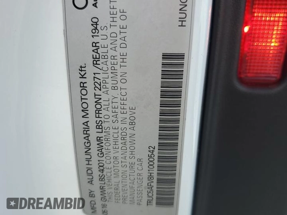 2017 Audi TT z VIN TRUC5AFV8H1000542, wystawiony jako Copart lot #73352054 z przebiegiem 27 303 mil mil oraz Szkoda całkowita • Salvage title. Historia ofert i sprzedaży dostępna na DreamBid. Obrazek 12.