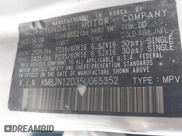 2005 Hyundai Tucson GLS с VIN KM8JN12D35U065352, выставлен на аукционе IAAI как лот 42303445 с пробегом 236 597 миль миль и . История ставок и продаж доступна на DreamBid. Изображение 9.