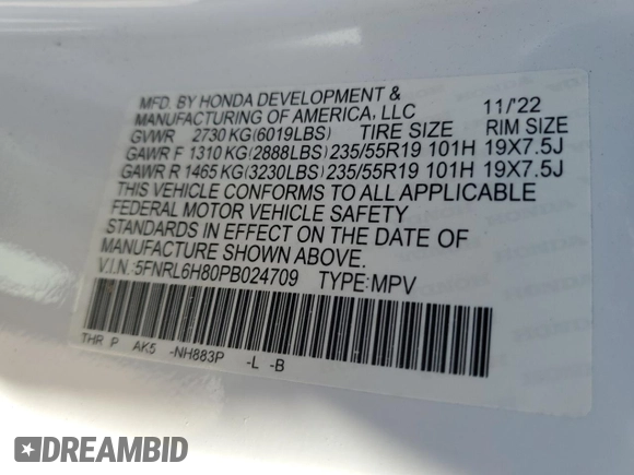 2023 Honda Odyssey Touring with VIN 5FNRL6H80PB024709, listed as a Copart auction lot 47594375 with Not Provided miles and Salvage Title. Bid and sale history available at DreamBid. Image 14.