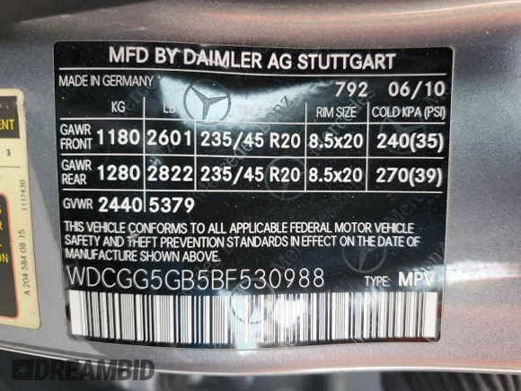 2011 Mercedes-Benz GLK 350 with VIN WDCGG5GB5BF530988, listed as a Copart auction lot 53867475 with 146,561 mi miles and Salvage Title. Bid and sale history available at DreamBid. Image 12.
