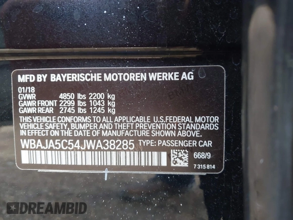 2018 BMW 5 Series 530i z VIN WBAJA5C54JWA38285, wystawiony jako IAAI lot #41390399 z przebiegiem 74 840 mil mil oraz . Historia ofert i sprzedaży dostępna na DreamBid. Obrazek 9.