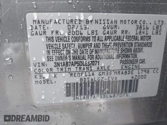 2013 Nissan Sentra S with VIN 3N1AB7AP5DL687071, listed as a IAAI auction lot 42041304 with 172,766 mi miles and . Bid and sale history available at DreamBid. Image 9.
