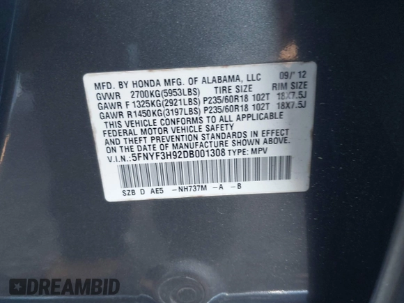 2013 Honda Pilot Touring with VIN 5FNYF3H92DB001308, listed as a IAAI auction lot 42007426 with 225,869 mi miles and . Bid and sale history available at DreamBid. Image 9.