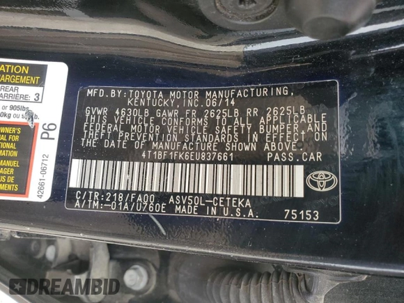 2014 Toyota Camry L with VIN 4T1BF1FK6EU837661, listed as a Copart auction lot 50840885 with 207,411 mi miles and Salvage Title. Bid and sale history available at DreamBid. Image 15.