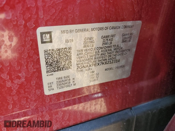 2019 Chevrolet Equinox Premier with VIN 2GNAXPEX7K6212314, listed as a Copart auction lot 60274755 with 84,647 mi miles and Salvage title. Bid and sale history available at DreamBid. Image 12.
