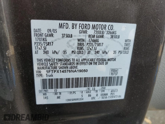 2006 Ford F-150 XLT with VIN 1FTPX14576NA19050, listed as a Copart auction lot 77426344 with 191,587 mi miles and Salvage title. Bid and sale history available at DreamBid. Image 14.