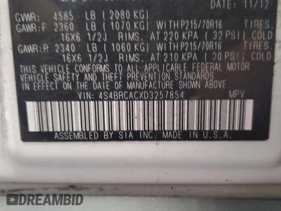 2013 Subaru Outback 2.5i with VIN 4S4BRCACXD3257854, listed as a Copart auction lot 62775695 with 144,825 mi miles and Salvage title. Bid and sale history available at DreamBid. Image 14.