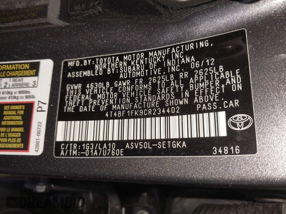 2012 Toyota Camry L with VIN 4T4BF1FK9CR234402, listed as a IAAI auction lot 41732308 with 50,946 mi miles. Bid and sale history available at carsss.com. Image 9.