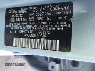 2012 Hyundai Accent GLS with VIN KMHCT4AE1CU201372, listed as a IAAI auction lot 42096676 with 83,254 mi miles and . Bid and sale history available at carsss.com. Image 9.