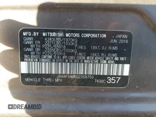 2016 Mitsubishi Outlander Sport 2.4 SE with VIN JA4AP3AW6GZ058750, listed as a IAAI auction lot 41007949 with 130,003 mi miles. Bid and sale history available at carsss.com. Image 9.