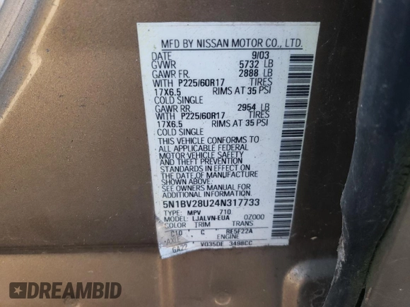2004 Nissan Quest SE with VIN 5N1BV28U24N317733, listed as a Copart auction lot 78168184 with 0 mi miles and Salvage Title. Bid and sale history available at carsss.com. Image 13.
