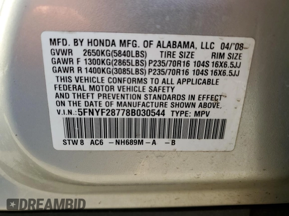 2008 Honda Pilot EX-L with VIN 5FNYF28778B030544, listed as a Copart auction lot 81958524 with 155,947 mi miles and Salvage Title. Bid and sale history available at DreamBid. Image 12.