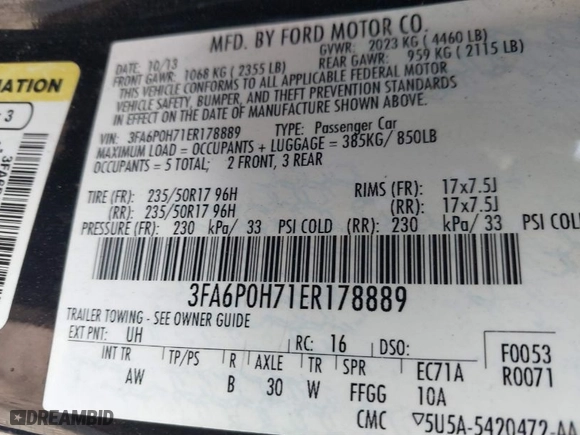 2014 Ford Fusion SE with VIN 3FA6P0H71ER178889, listed as a IAAI auction lot 41883131 with 236,447 mi miles. Bid and sale history available at carsss.com. Image 9.