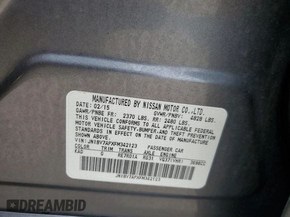 2015 Infiniti Q50 with VIN JN1BV7APXFM342123, listed as a Copart auction lot 58761595 with 88,260 mi miles and Salvage title. Bid and sale history available at DreamBid. Image 12.