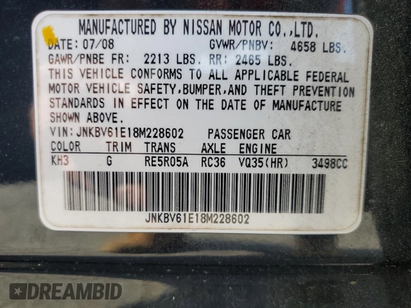 2008 Infiniti G35 Journey with VIN JNKBV61E18M228602, listed as a Copart auction lot 53869095 with Not Provided miles and Salvage Title. Bid and sale history available at DreamBid. Image 13.