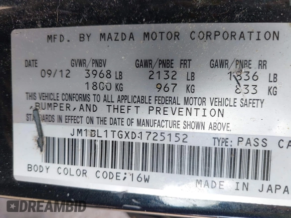2013 Mazda 3 i SV with VIN JM1BL1TGXD1725152, listed as a IAAI auction lot 42036140 with 133,462 mi miles. Bid and sale history available at carsss.com. Image 9.
