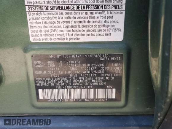 2011 Subaru Outback Limited Power Moon with VIN 4S4BRDKC2B2445324, listed as a Copart auction lot 60492215 with Not provided miles and Salvage title. Bid and sale history available at DreamBid. Image 13.
