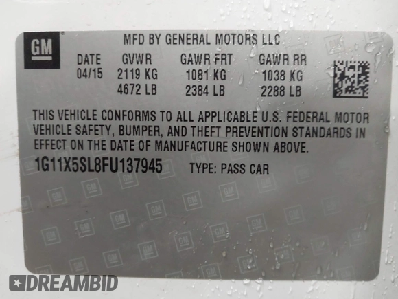 2015 Chevrolet Impala LS with VIN 1G11X5SL8FU137945, listed as a IAAI auction lot 42052327 with 65,327 mi miles and . Bid and sale history available at DreamBid. Image 9.