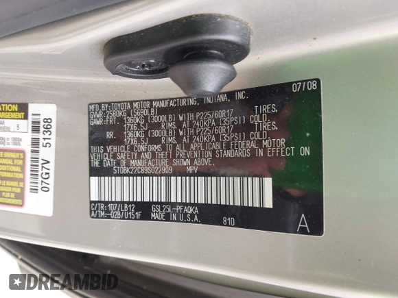 2009 Toyota Sienna XLE with VIN 5TDBK22C89S022909, listed as a IAAI auction lot 42139786 with 107,247 mi miles and . Bid and sale history available at DreamBid. Image 9.