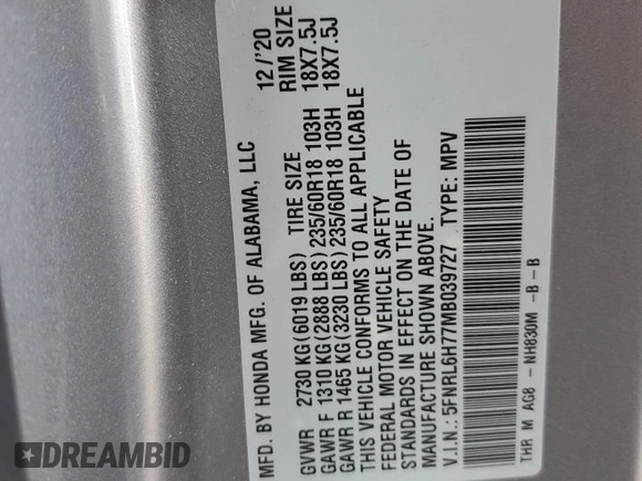 2021 Honda Odyssey EX-L with VIN 5FNRL6H77MB039727, listed as a Copart auction lot 88869145 with Not Provided miles and Salvage Title. Bid and sale history available at DreamBid. Image 13.