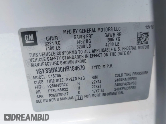 2017 Cadillac Escalade Luxury z VIN 1GYS3BKJ0HR184679, wystawiony jako IAAI lot #41690198 z przebiegiem 116 512 mil mil oraz . Historia ofert i sprzedaży dostępna na DreamBid. Obrazek 9.
