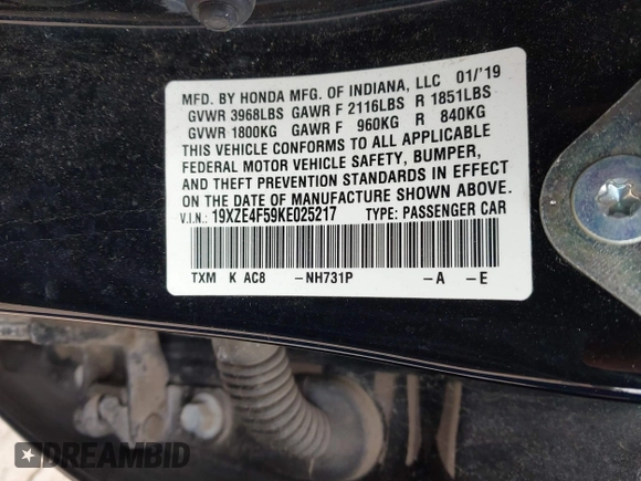 2019 Honda Insight EX with VIN 19XZE4F59KE025217, listed as a IAAI auction lot 41979228 with 85,342 mi miles and . Bid and sale history available at carsss.com. Image 9.