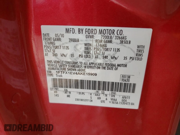 2010 Ford F-150 XL with VIN 1FTFX1EV4AKE15909, listed as a Copart auction lot 58553515 with 126,257 mi miles and Salvage title. Bid and sale history available at DreamBid. Image 12.