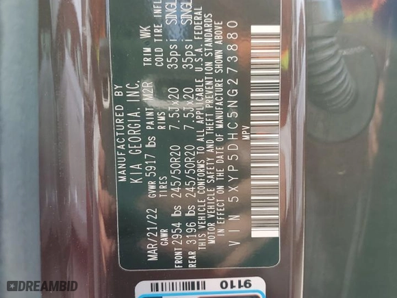 2022 Kia Telluride SX with VIN 5XYP5DHC5NG273880, listed as a Copart auction lot 47242575 with 35,590 mi miles and Salvage Title. Bid and sale history available at carsss.com. Image 14.