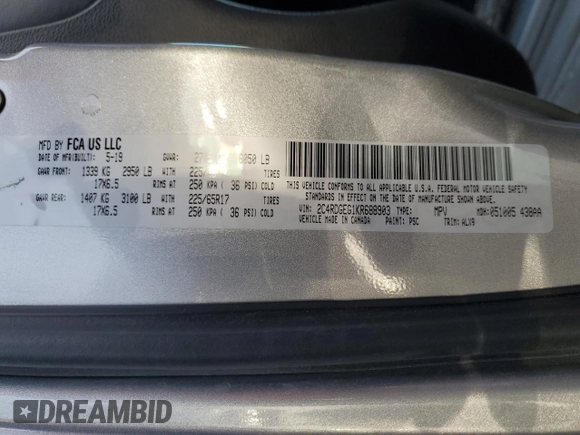 2019 Dodge Grand Caravan GT with VIN 2C4RDGEG1KR688903, listed as a Copart auction lot 46376665 with 74,138 mi miles and Salvage Title. Bid and sale history available at DreamBid. Image 13.