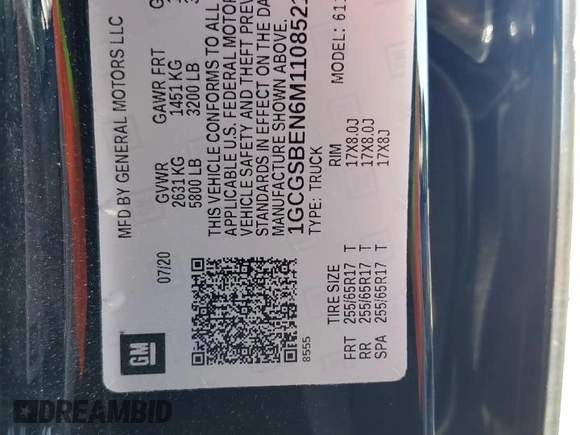 2021 Chevrolet Colorado 2WD Work Truck with VIN 1GCGSBEN6M1108521, listed as a Copart auction lot 88315455 with 91,696 mi miles and Salvage title. Bid and sale history available at DreamBid. Image 12.