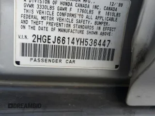 2000 Honda Civic VP z VIN 2HGEJ6614YH536447, wystawiony jako Copart lot #46506085 z przebiegiem 302 724 mil mil oraz Szkoda całkowita • Salvage title. Historia ofert i sprzedaży dostępna na DreamBid. Obrazek 12.