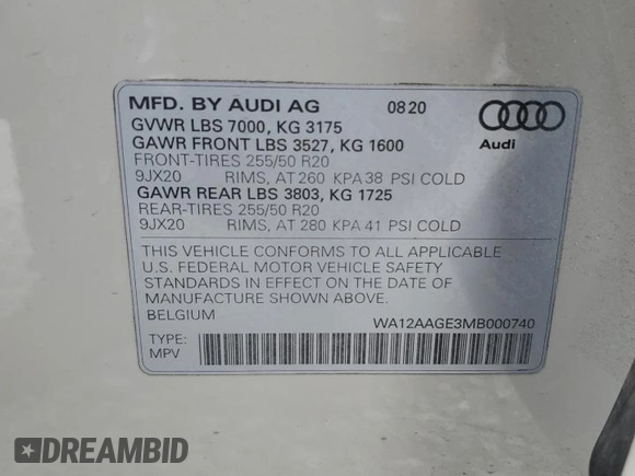 2021 Audi e-tron Sportback Premium Plus with VIN WA12AAGE3MB000740, listed as a Copart auction lot 61276315 with 51,527 mi miles and Salvage title. Bid and sale history available at DreamBid. Image 14.
