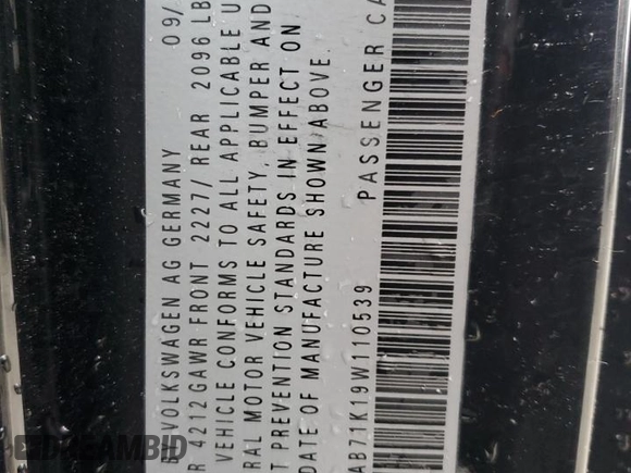 2009 Volkswagen Rabbit S with VIN WVWAB71K19W110539, listed as a Copart auction lot 85843454 with Not provided miles and Salvage title. Bid and sale history available at DreamBid. Image 14.